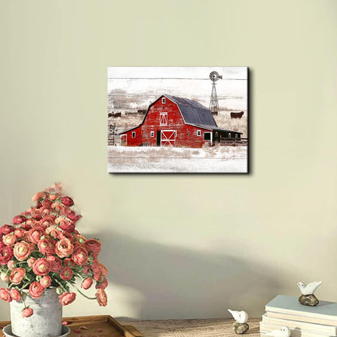 Rustic Farmhouse Canvas Print - Country Red Barn Pictures Wall Art with Windmill and Highland Cow for Kitchen Living