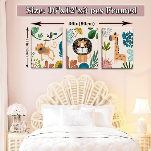 Set 3 12x16in AKWISH Safari Jungle Nursery Wall Decor of - Framed Animal Canvas Wall Art for Baby Room, Toddler Boy