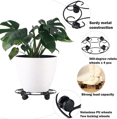 3 Packs 12.8" Metal Plant Caddy With Wheels - Large Rolling Stands Heavy-Duty Wrought Iron Roller Base Pot Movers
