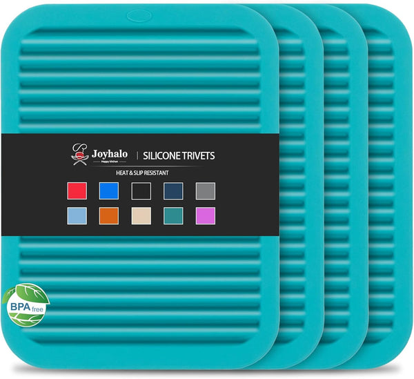Joyhalo 4 Pack Trivets for Hot Dishes - Silicone Hot Pads for Kitchen 9'' x 12'', Heat Resistant to 480°F, Dark Green
