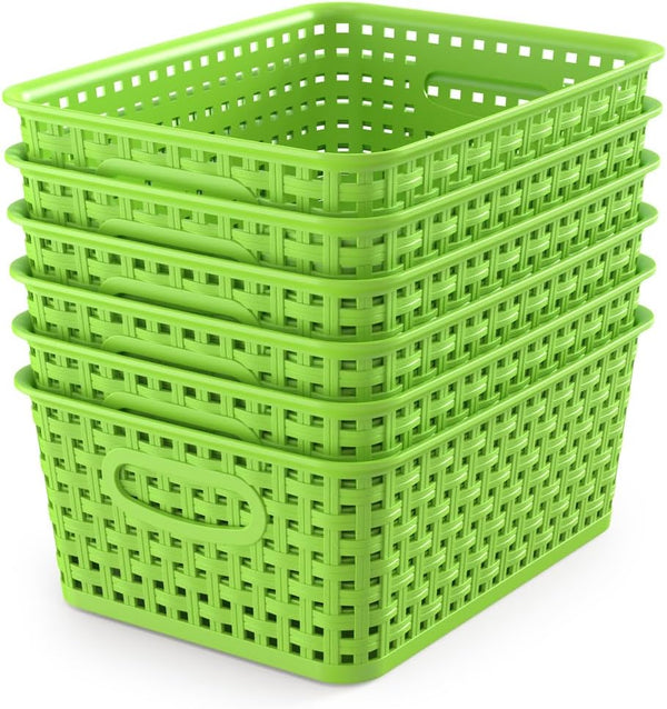 WYT 6-Pack Plastic Small Shelf Storage Weave Baskets, Organizing for Cabinets and Pantries, Green