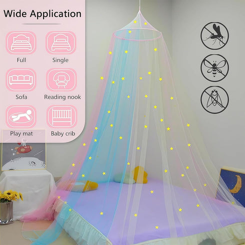SYHITOU Rainbow Bed Canopy for Girls with Glowing Stars, Colorful Princess Canopy Bed Curtains for Twin, Full