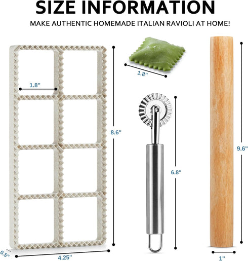 Set 8 1.85" Ravioli Maker Press, Ravioli Press Mold - Squares Ravioli Stamp Maker Cutter with Wood Rolling Pin