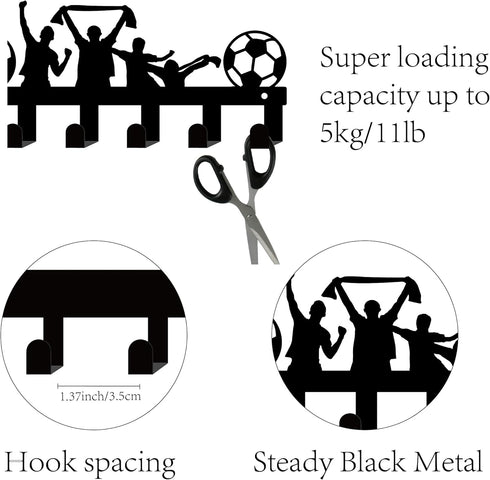 CREATCABIIN Football Key Holder, Wall Mounted Metal Welcome Home Decoration with 6 Hooks (5.1x10.6 Inch, Black)