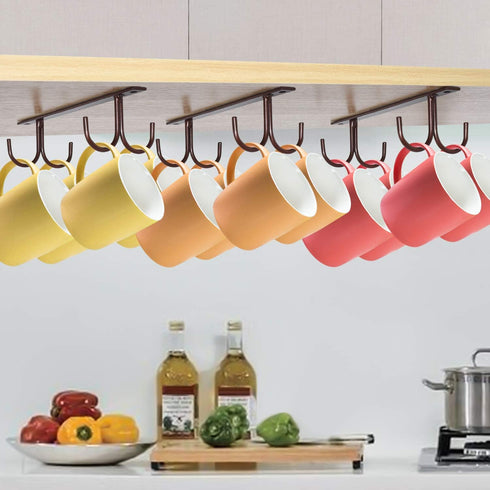 Mocoum Under Cabinet Mug Rack, Rustic Organizer Rack with 12 Hanging Hooks for Mugs, Coffee Cups (Brown-3 Pack)
