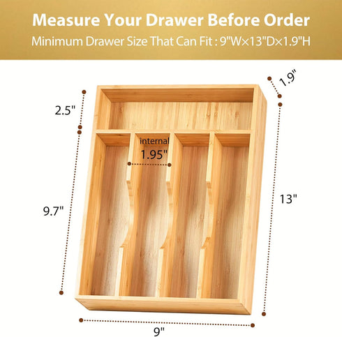 Umilife Bamboo Kitchen Drawer Organizer - 9 Inch Silverware Tray Holder for Small Drawers, Wood Caddy for Flatware