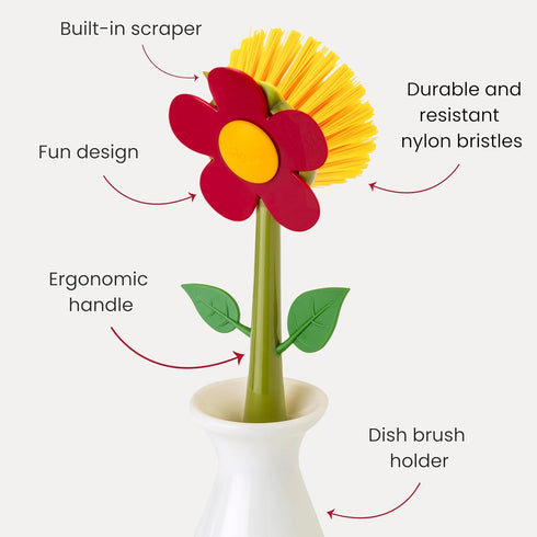 Vigar Flower Power Dish Brush with Vase Brush Holder, Dish Brush with Handle for Pot Scrubber, Dishes, Sink