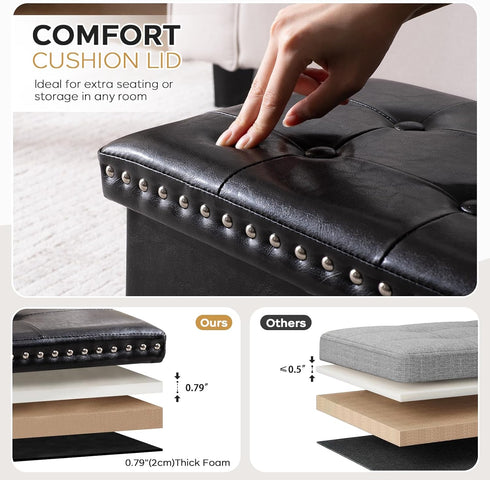 16x12x12 oakvivo Small Storage Ottoman Foot Rest Stool, in Foldable Leather Footstool Storage Bench with Rivet Design