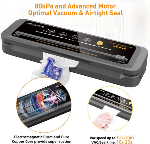 MegaWise Vacuum Sealer Machine, 80kPa Suction Power, Compact One-Touch Automatic Food Sealer with Bags Included