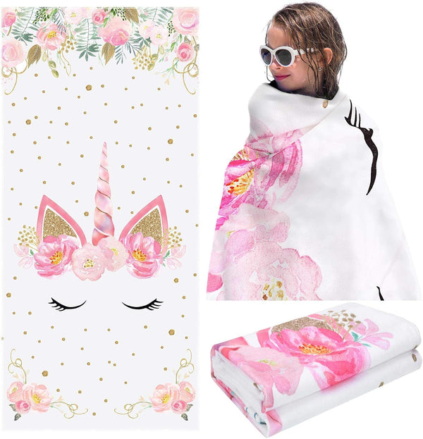 BOAO Unicorn Beach Towel for Girls - Microfiber Quick Dry Towel for Kids, Rainbow Bath Towel (Glitter Pink, Cute Style)