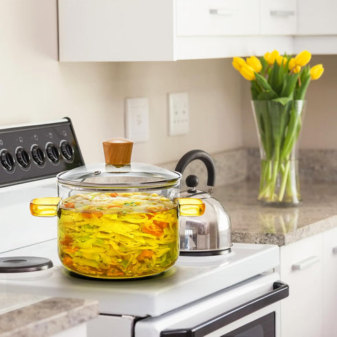 Frcctre 1.5L Glass Cooking Pot with Lid, Heat Resistant Glass Saucepan for Pasta, Soup, Milk, Baby Food