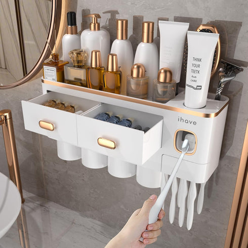 iHave Toothbrush Holders Wall Mounted with Toothpaste Dispenser & 4 Cups -