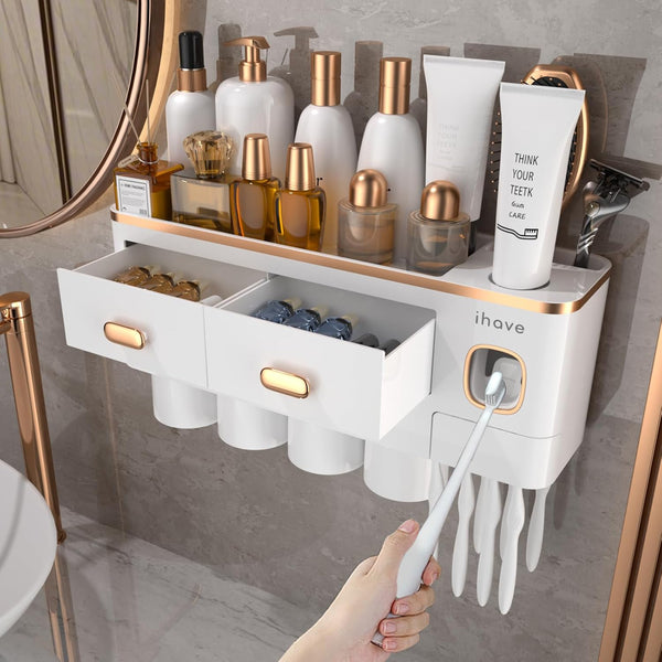 iHave Toothbrush Holders Wall Mounted with Toothpaste Dispenser & 4 Cups -
