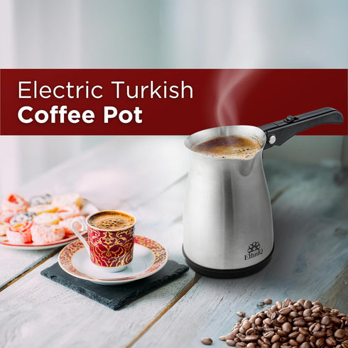 ETHNIQ Turkish Coffee Pot - Stainless Steel, 120V, 1 to 4 Cup Capacity, Fast Brewing Coffee Maker for Home