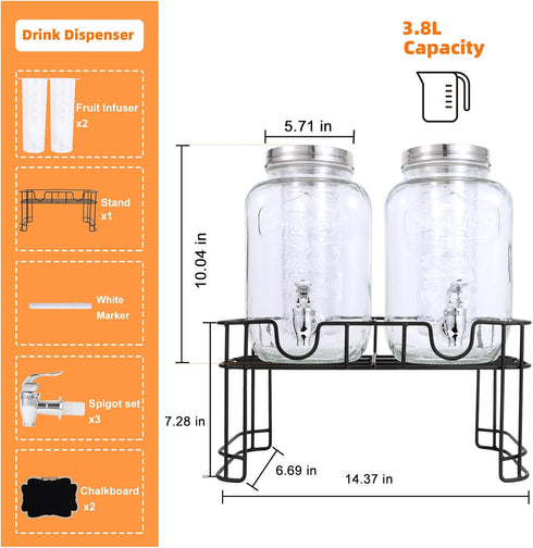 1 Parties-Set 2,Drink Gallon Glass Drink Dispensers For of Dispenser with Fruit Infuser & Stand,Juice or Beverage