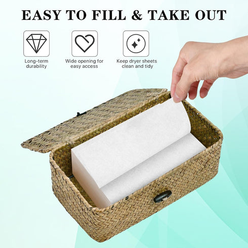 Dryer Sheet Holder, Woven Seagrass Container with Lid for Laundry Room Organization, Natural Color