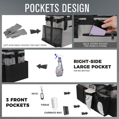 Wearable Cleaning Caddy Bag, Organizer with Handle & Shoulder Straps for Housekeepers, 4 Foldable Dividers (Grey)
