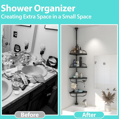 39-125 Inch 4 Corner Shower Caddy, Adjustable Height With ABS Shelves, Drill Free Organizer, Layer Rustproof Metal