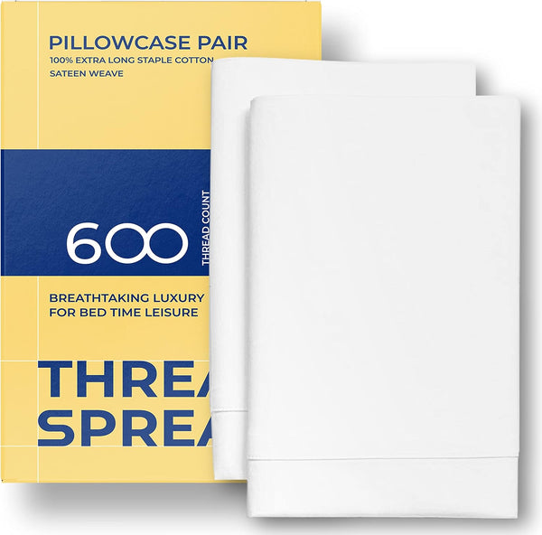 THREAD SPREAD 100% Pure Egyptian Cotton Pillow Cases - 600 Thread Count, Queen/Standard Size Set of 2, White