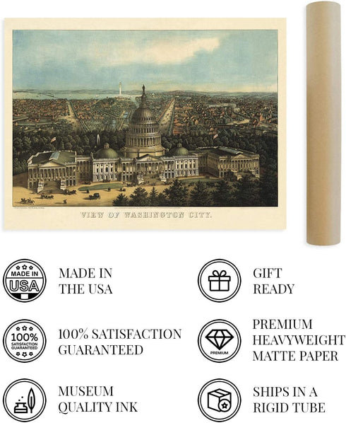 HISTORIX Vintage Washington DC Map Art - 18x24 Inch Print of Historic United States Capitol Building - Old Map Poster