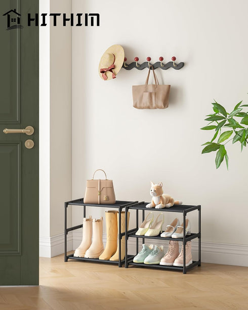 3 Closet HITHIM Tiers Small Shoe Rack,Narrow Stackable Shoe Shelf Organizer,Sturdy Shoe Stand, Non-Woven Fabric Metal