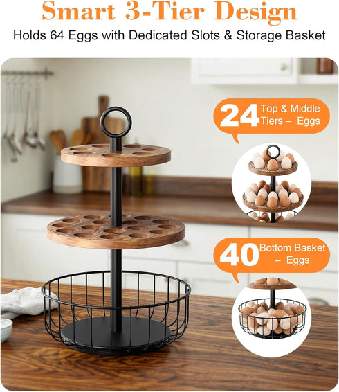 Wolera 3-Tier 360 24+40 Counter Rotating Egg Holder with Egg Capacity - Rustic Farmhouse Kitchen Organizer, Tiered Egg
