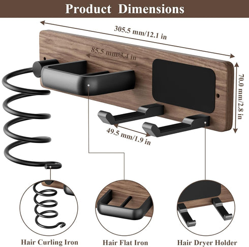 Tindbea 3 in 1 Hair Dryer Holder, Curling Iron Holder, Wall Mount Blow Dryer Organizer Rack for Universal Dryer (Walnut