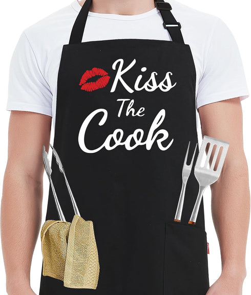 Funny Aprons for Women Men - Kiss the Cook Apron, Funny Chef Cooking BBQ Grill Aprons with 2 Pockets, Gift for Mom, Dad