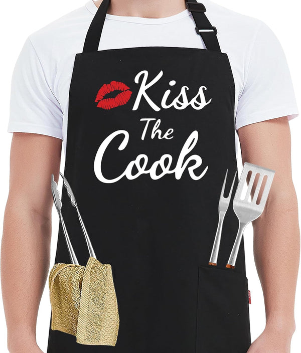 Funny Aprons for Women Men - Kiss the Cook Apron, Funny Chef Cooking BBQ Grill Aprons with 2 Pockets, Gift for Mom, Dad