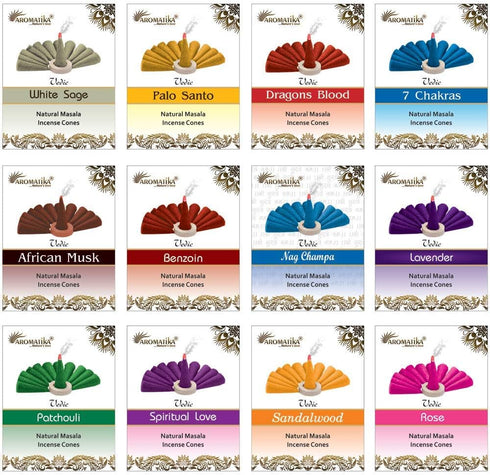 ARO VATIKA Vedic Natural Masala 120 Incense Cones, 12 Assorted Fragrances Dhoop Cones, Best for Prayer and Meditation