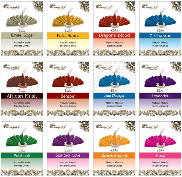 ARO VATIKA Vedic Natural Masala 120 Incense Cones, 12 Assorted Fragrances Dhoop Cones, Best for Prayer and Meditation