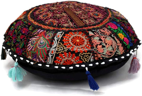 DK Homewares Indian Traditional Floor Cushion Cover Bohemian Black 18 Inch Patchwork Yoga Pouf