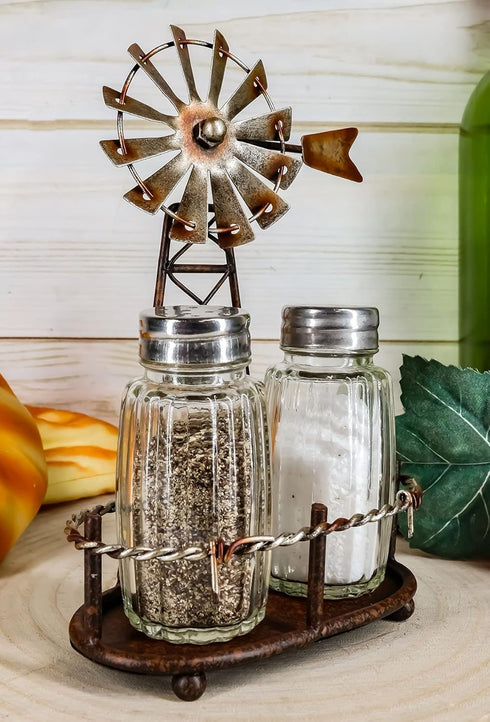 Ebros 6.5" Tall Rustic Country Farm Windmill Salt And Pepper Shakers Holder Display Stand Set in Aged Bronze Finish