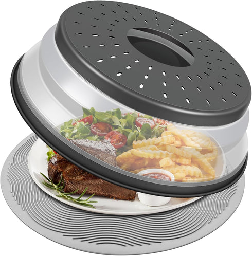 10 Inch Microwave Food Cover & Collapsible Silicone Mat, Splatter Guard, Plate Holder & Kitchen Colander for Meal Prep,