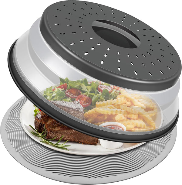 10 Inch Microwave Food Cover & Collapsible Silicone Mat, Splatter Guard, Plate Holder & Kitchen Colander for Meal Prep,