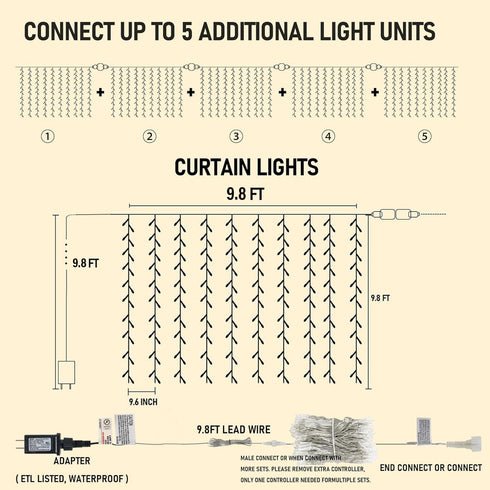 300 Dazzle Bright LED Curtain Lights, Plug in Fairy Curtain Lights for Bedroom, Christmas Hanging String Lights Outdoor