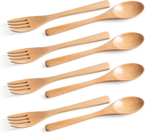 8Pcs Schima Wooden Utensil Set, Reusable Handmade Natural Wooden Cutlery, Eco-Friendly Wooden Spoons and Forks for