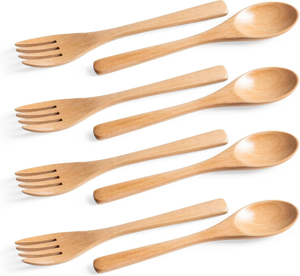 8Pcs Schima Wooden Utensil Set, Reusable Handmade Natural Wooden Cutlery, Eco-Friendly Wooden Spoons and Forks for