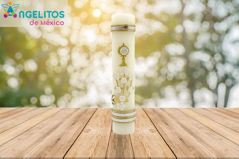 Angelitos de Mexico First Communion Prayer Candle with The Holy Spirit Dove - A Blessed Mass Keepsake