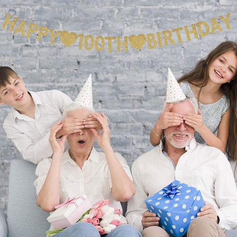Gold Happy 100th Birthday Banner, Glitter Decorations for 100 Years Old Woman or Man Party Supplies