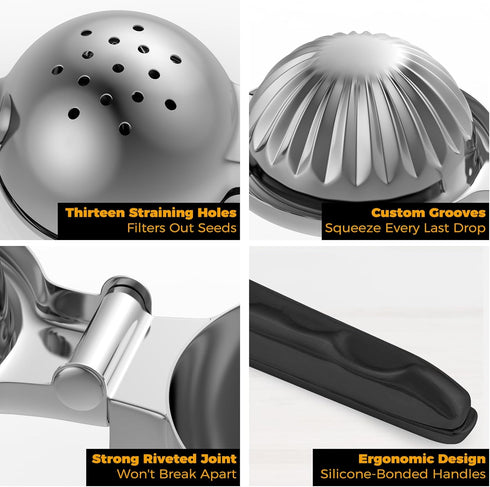 Stainless Steel Lemon Squeezer - Metal Citrus Juicer with Silicone Handles, Large Manual Citrus Press Juicer