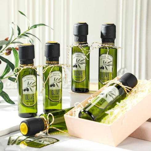 Reallnaive 20 4 oz Pcs Mini Glass Olive Oil Bottles Empty Sauce Condiment Bottles with Dropper Inserts and Sticker