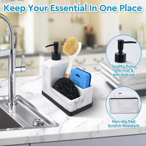 3 1 Countertop Dish Soap Dispenser with Sponge Holder,White Marble Look Liquid Hand and Dish Soap Dispenser and Spong
