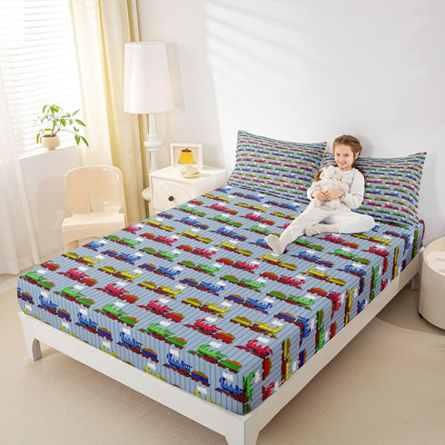 Set 1 Train Bedding Twin,Construction Train Bed Sheets Colorful Cartoon Smoking Steam Engine Fitted Bed Sheet for Kids