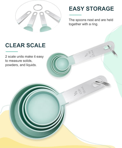 Measuring Cups and Spoons Set of 8, Nesting for Dry or Liquid Ingredients, Stainless Steel Handle, Kitchen Gadgets