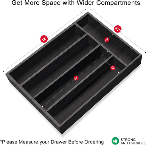 Ayiaren Wooden Cutlery Tray, Kitchen Utensil Drawer Organizer, Black Bamboo Flatware Divider