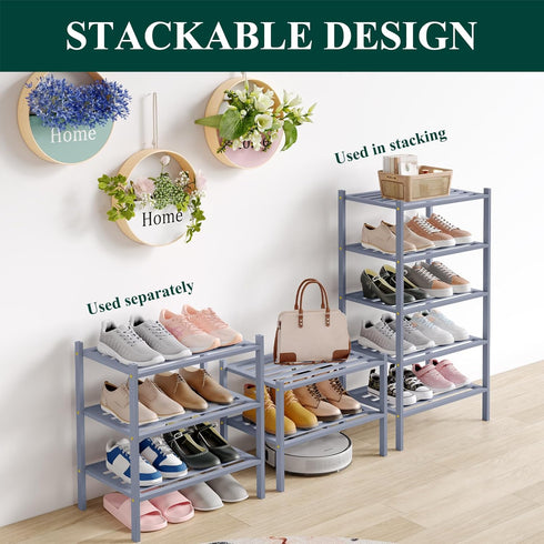 3-Tier, Closet, Smiry Small Bamboo Shoe Rack Stackable Wooden Shoe Organizer for Entryway & Free Standing Wood Shoe