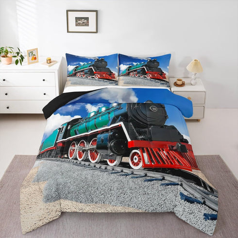 Erosebridal Train Comforter Sets Full Size,Boys 3D Steam Engine Bedding Set Rail