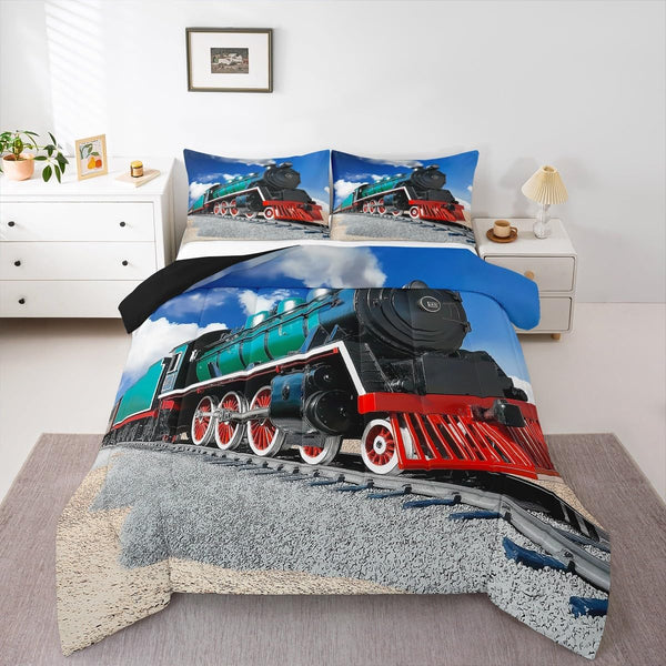 Erosebridal Train Comforter Sets Full Size,Boys 3D Steam Engine Bedding Set Rail