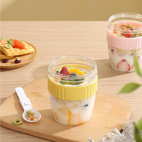 Breakfast On The Go Cups, 20 oz Overnight Oats Containers with Lid & Folding Spoon, Pink